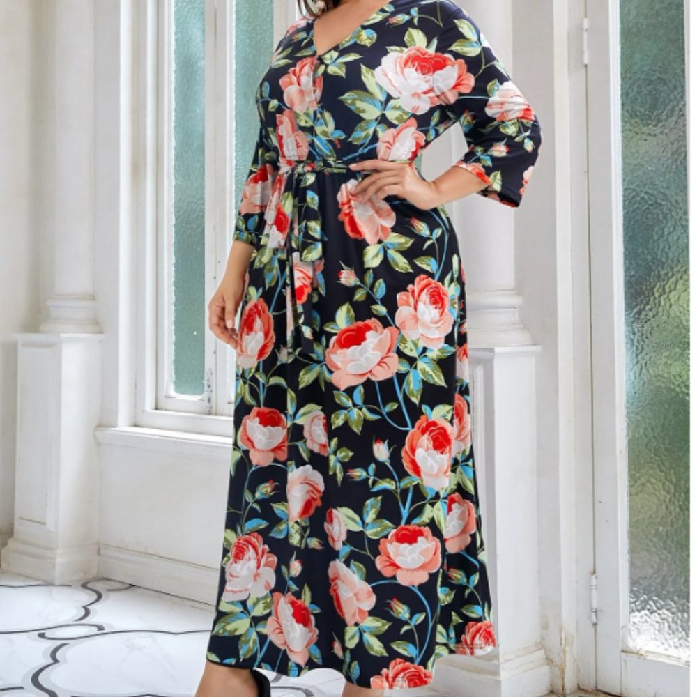 SHEIN Plus Surplice Neck Floral Print Belted Dress